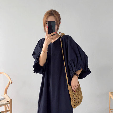 Women Oversized V-Neck Cotton Dress with Ruffle Sleeves Mune Fashion