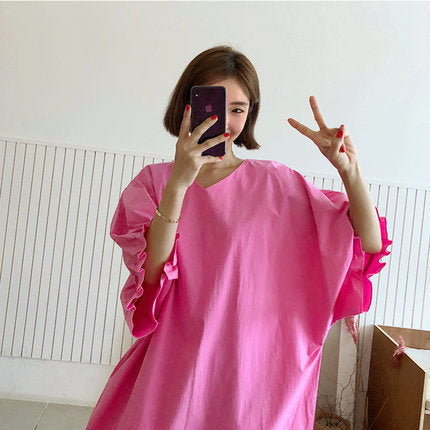 Women Oversized V-Neck Cotton Dress with Ruffle Sleeves Mune Fashion