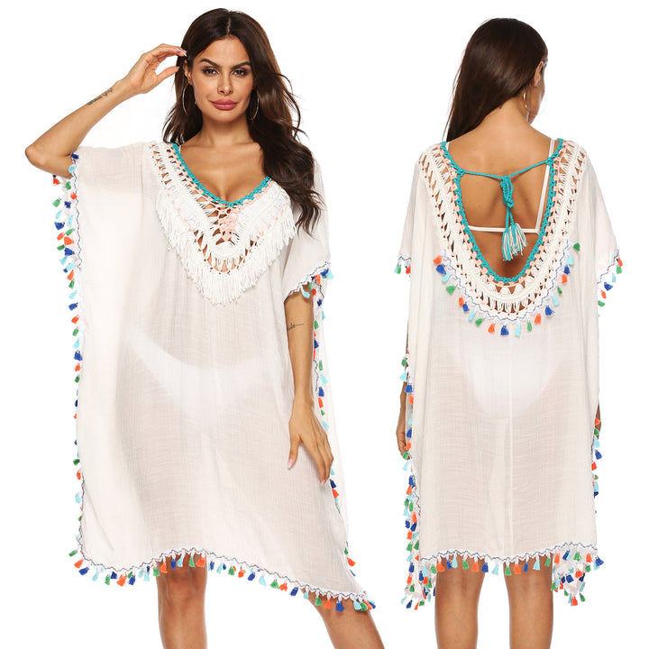 Women's beach kaftan with colorful tassel trim Mune Fashion