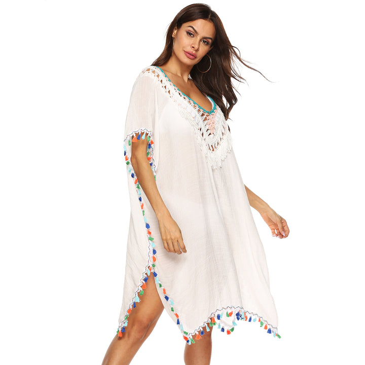 Women's beach kaftan with colorful tassel trim Mune Fashion