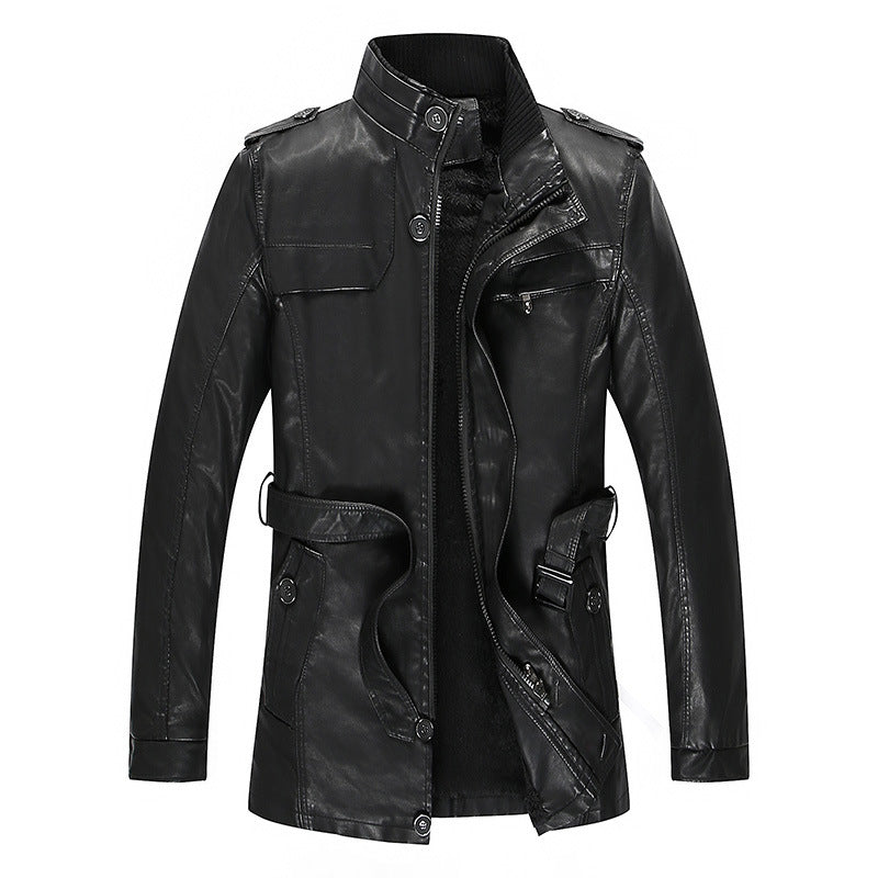 Men's leather jacket with teddy lining, waist belt, and stand-up collar Mune Fashion