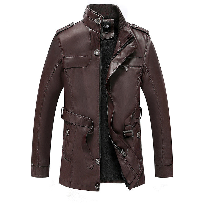 Men's leather jacket with teddy lining, waist belt, and stand-up collar Mune Fashion