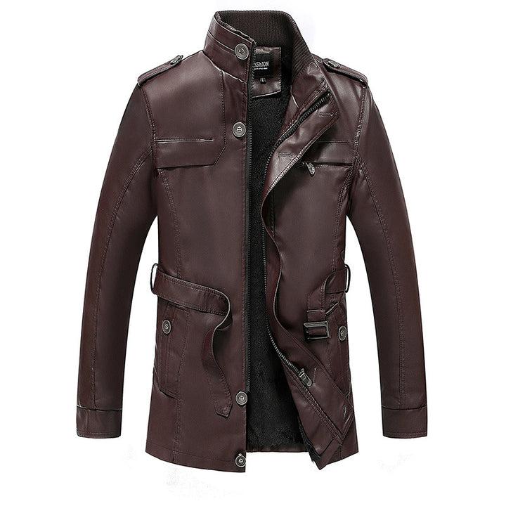 Men's leather jacket with teddy lining, waist belt, and stand-up collar Mune Fashion