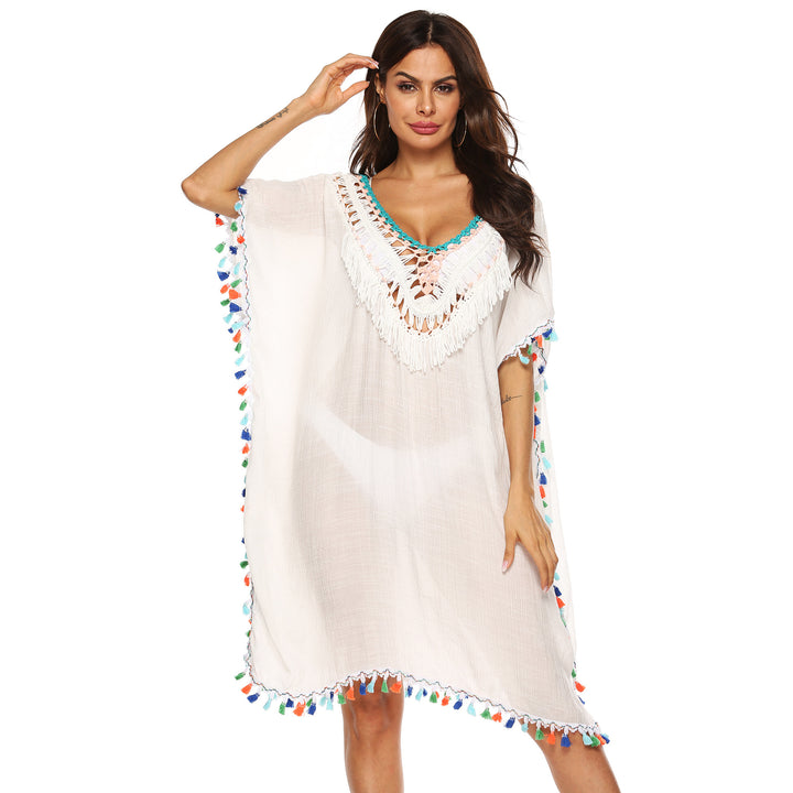 Women's beach kaftan with colorful tassel trim Mune Fashion