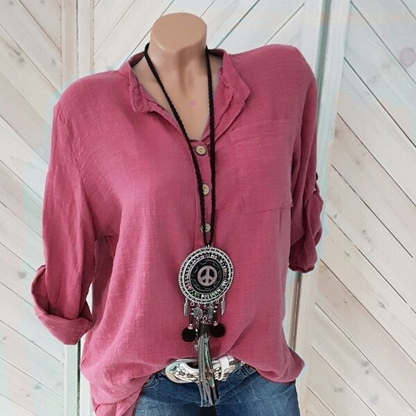 Women's lightweight crinkle tunic with half button placket, chest pocket, and roll-up sleeves Mune Fashion