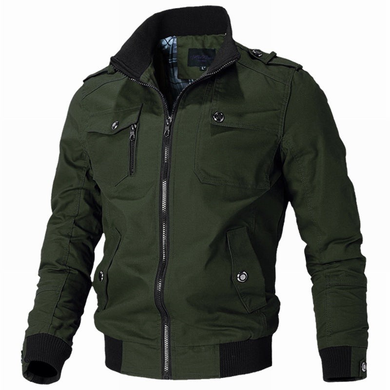 Men's fashionable field bomber jacket made of robust cotton canvas with epaulettes, zipper, and ribbed hem.