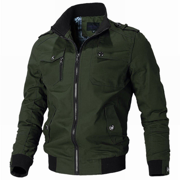 Men's fashionable field bomber jacket made of robust cotton canvas with epaulettes, zipper, and ribbed hem.