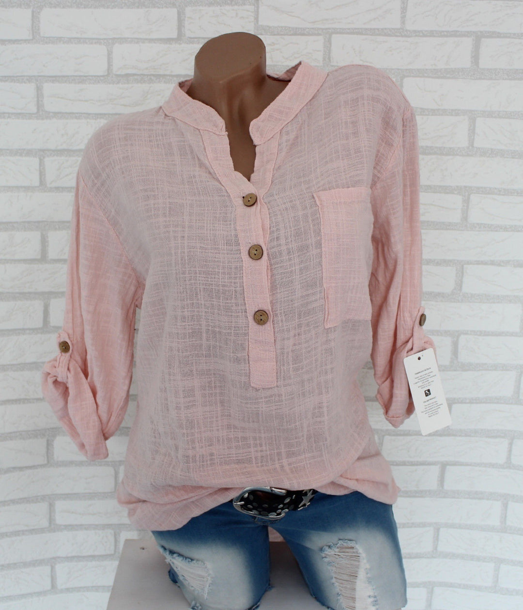 Women's lightweight crinkle tunic with half button placket, chest pocket, and roll-up sleeves Mune Fashion