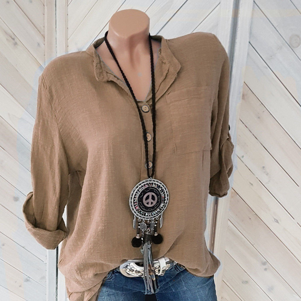 Women's lightweight crinkle tunic with half button placket, chest pocket, and roll-up sleeves Mune Fashion