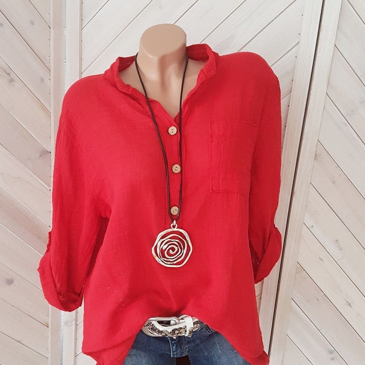 Women's lightweight crinkle tunic with half button placket, chest pocket, and roll-up sleeves Mune Fashion