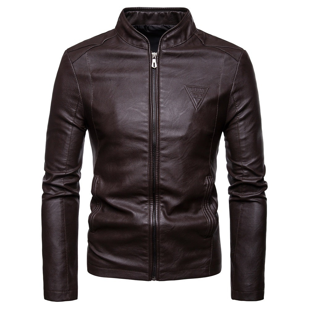 Men's fitted faux leather flight jacket with stand-up collar, decorative seams, and concealed zipper