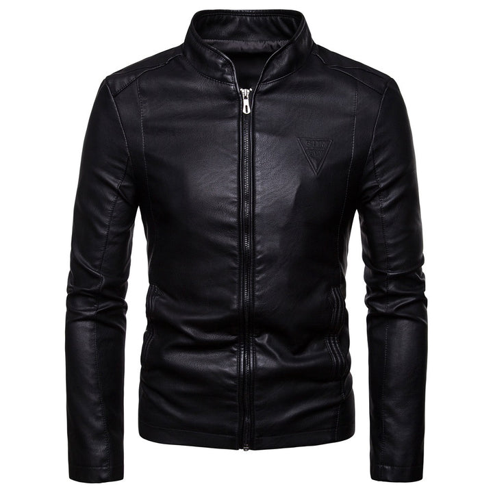 Men's fitted faux leather flight jacket with stand-up collar, decorative seams, and concealed zipper