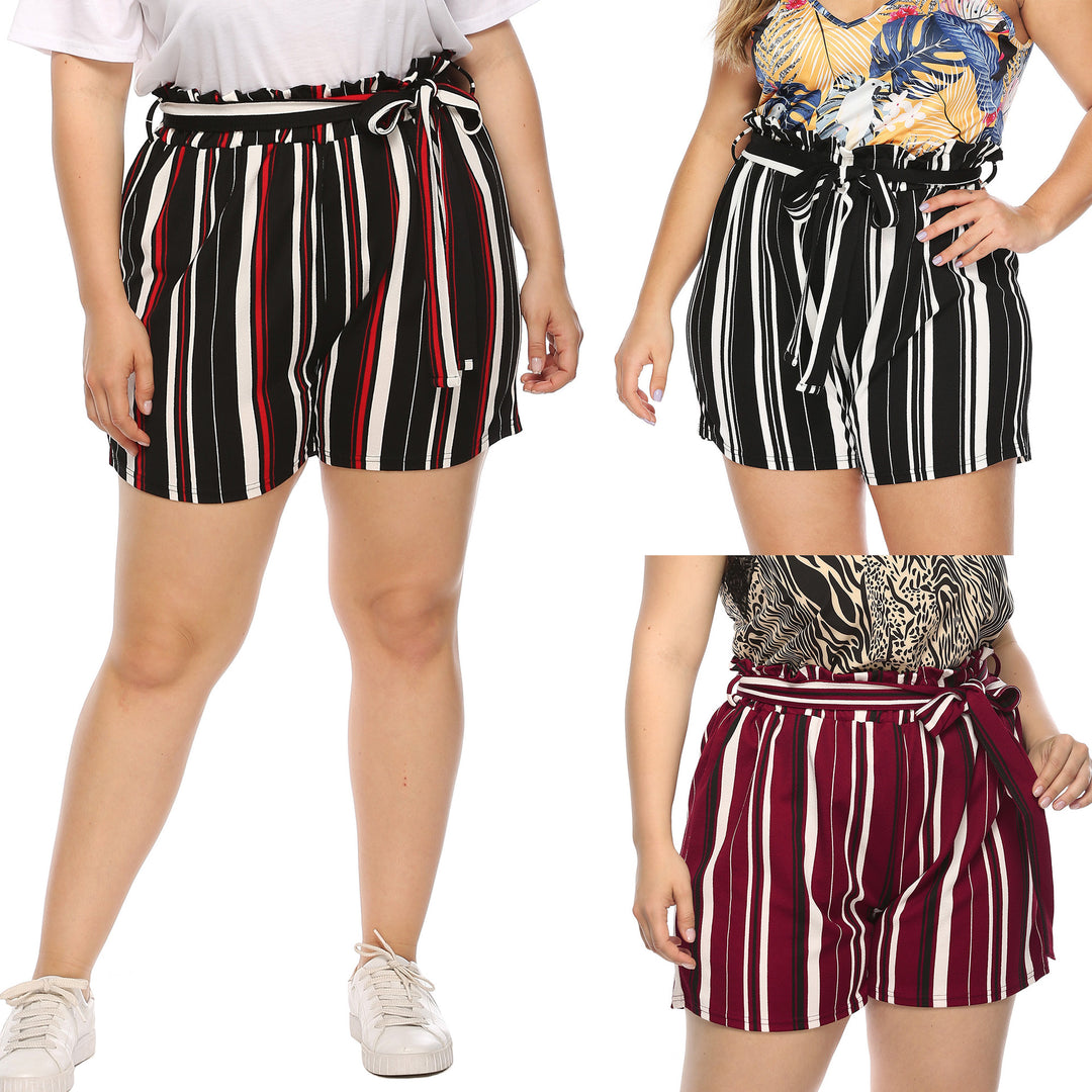 Women's elegantly cut striped shorts with decorative tie belt Mune Fashion