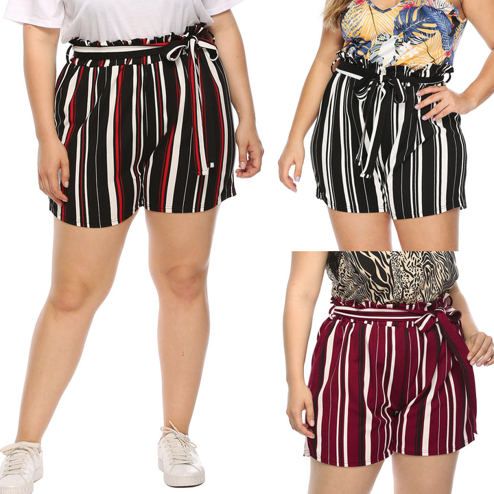 Women's elegantly cut striped shorts with decorative tie belt Mune Fashion