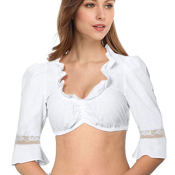 Women's traditional Dirndl blouse with ruffle neckline and lace trim as well as three-quarter sleeves Mune Fashion