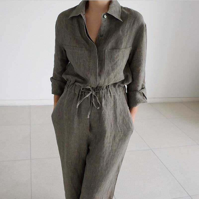 Women's linen overall with shirt collar, drawstring waist and side pockets Mune Fashion