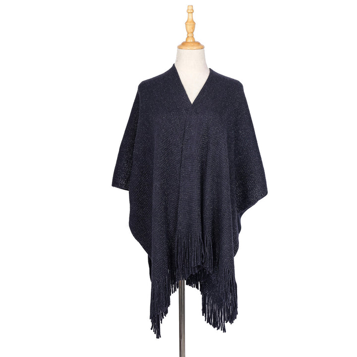 Women Oversize Knit Ruana with Glitter Thread and Fringes Mune Fashion