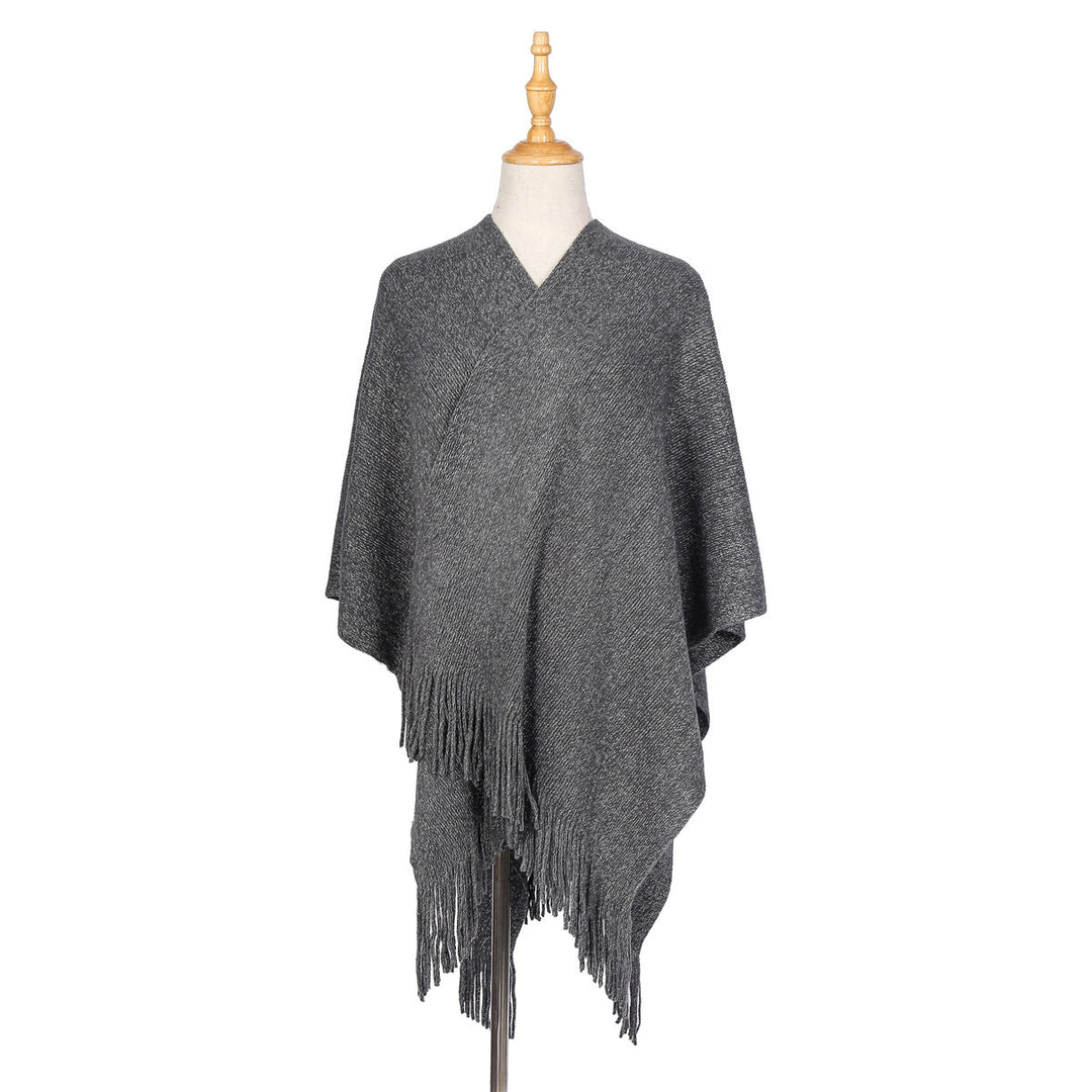 Women Oversize Knit Ruana with Glitter Thread and Fringes Mune Fashion