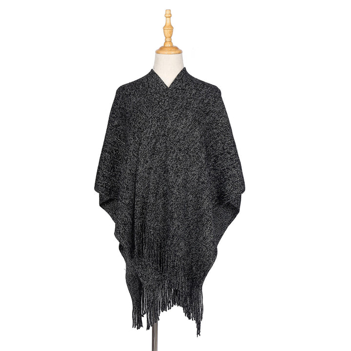 Women Oversize Knit Ruana with Glitter Thread and Fringes Mune Fashion