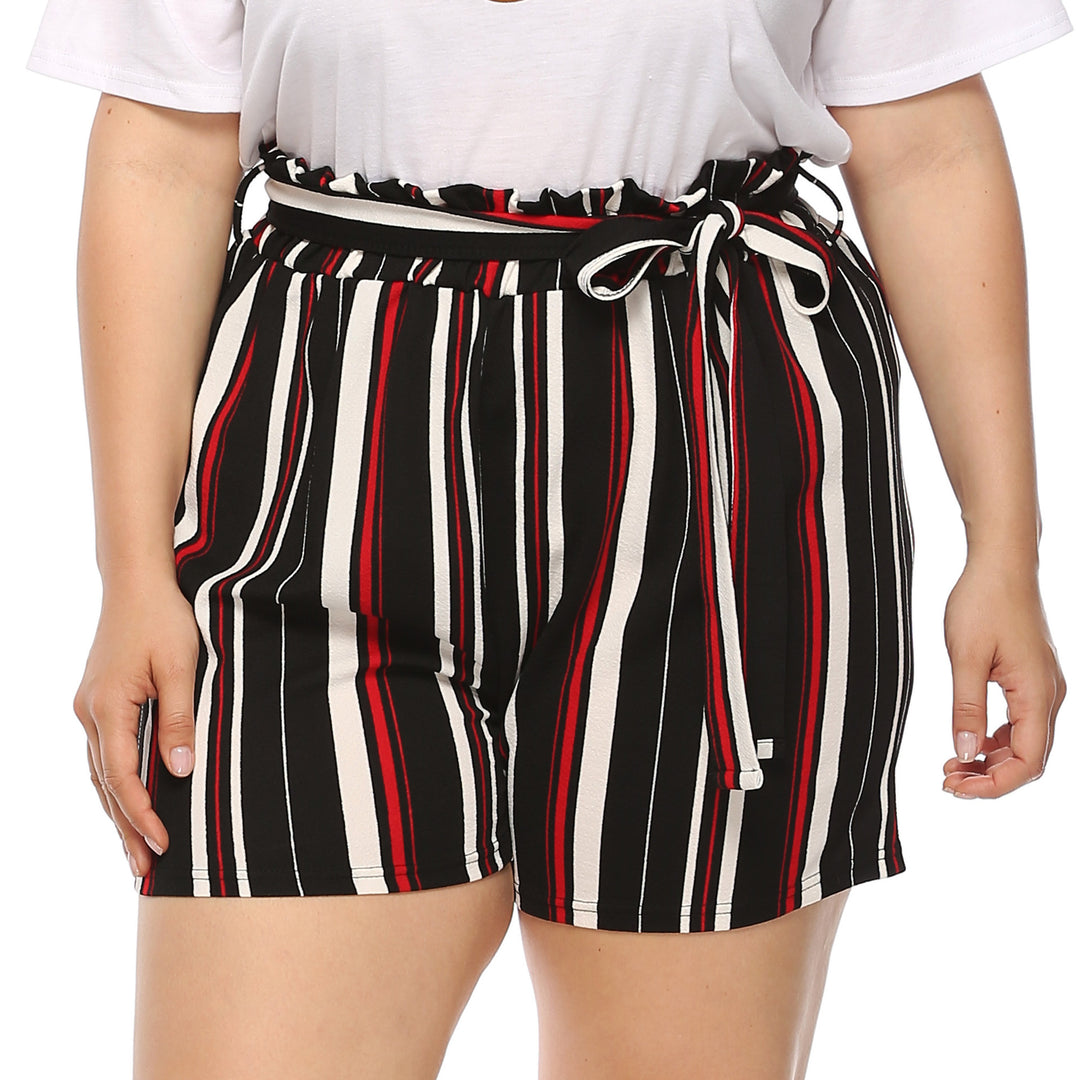 Women's elegantly cut striped shorts with decorative tie belt Mune Fashion