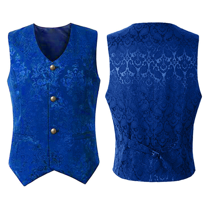Men's fitted brocade coat in military style with stand-up collar and decorative cord.