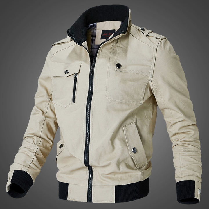 Men's urban canvas bomber jacket with ribbed cuffs, stand-up collar, and multiple chest pockets.