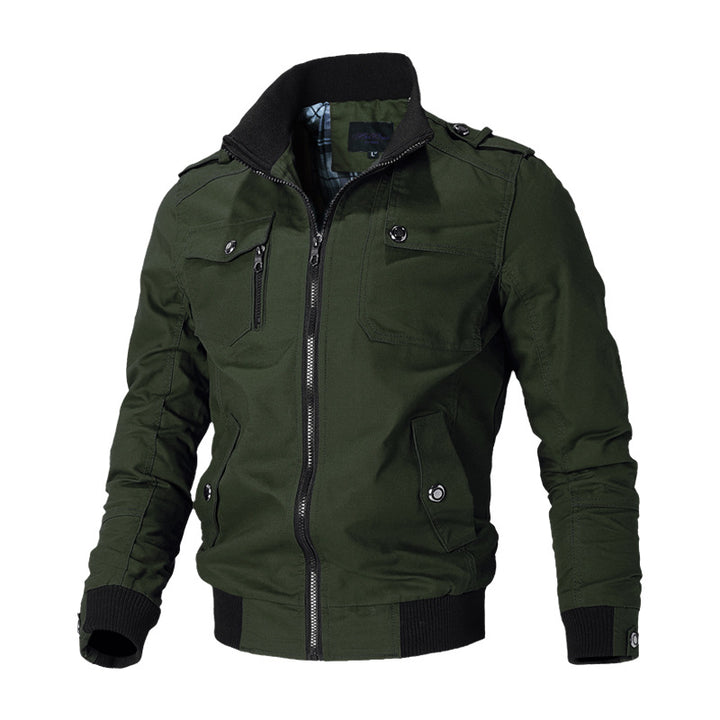 Men's urban canvas bomber jacket with ribbed cuffs, stand-up collar, and multiple chest pockets.