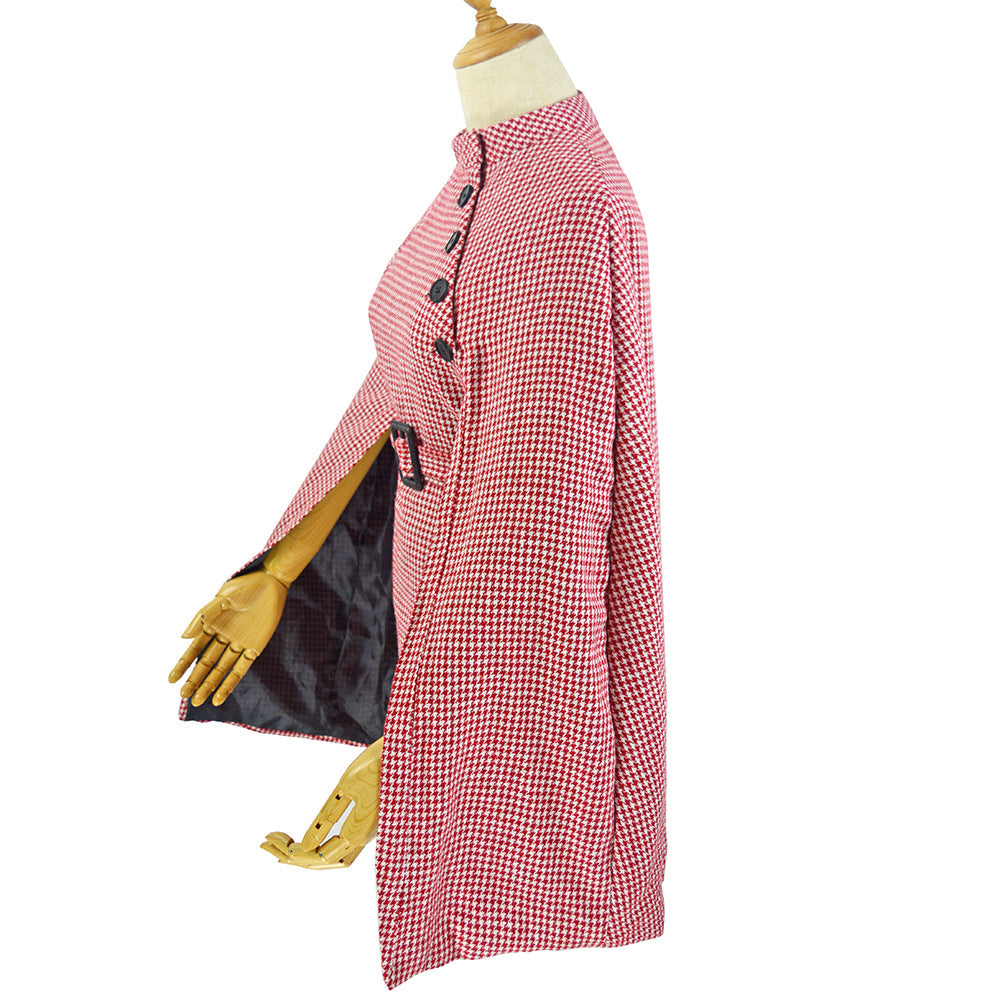 Women's Cape Coat with Houndstooth Pattern, Waist Belt and Asymmetrical Button Placket Mune Fashion