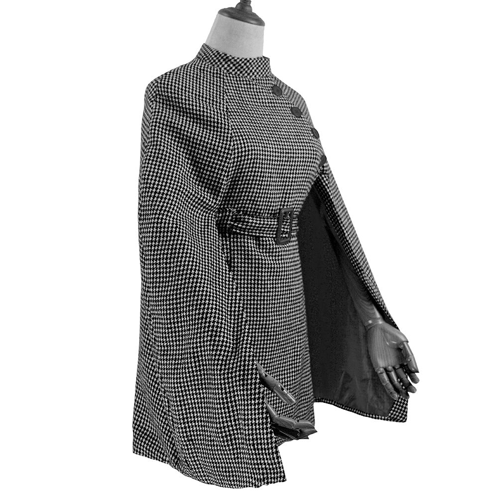 Women's Cape Coat with Houndstooth Pattern, Waist Belt and Asymmetrical Button Placket Mune Fashion