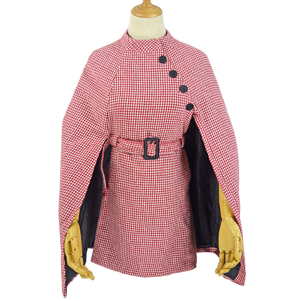 Women's Cape Coat with Houndstooth Pattern, Waist Belt and Asymmetrical Button Placket Mune Fashion