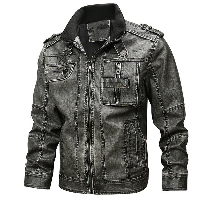 Men's vintage-inspired biker jacket in leather look with utility pockets and stand-up collar Mune Fashion