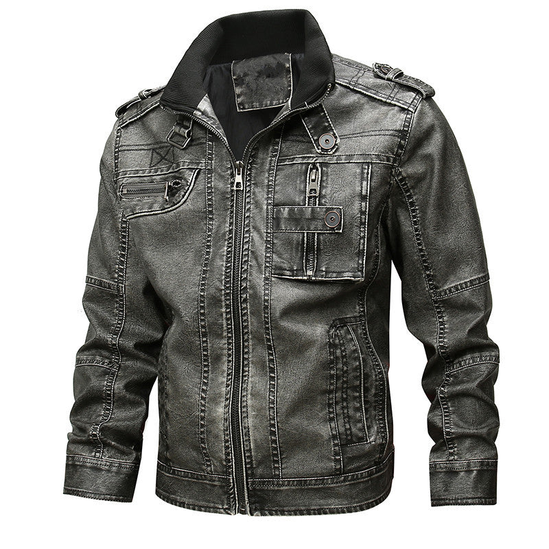 Men's vintage-inspired biker jacket in leather look with utility pockets and stand-up collar Mune Fashion