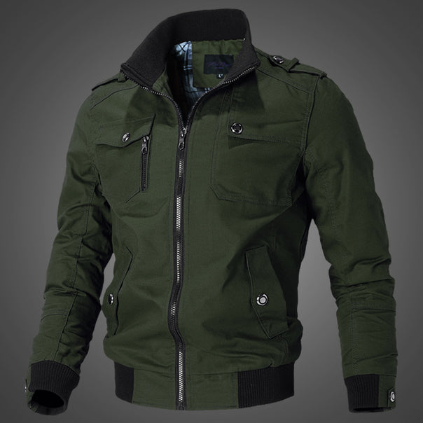 Men's urban canvas bomber jacket with ribbed cuffs, stand-up collar, and multiple chest pockets.