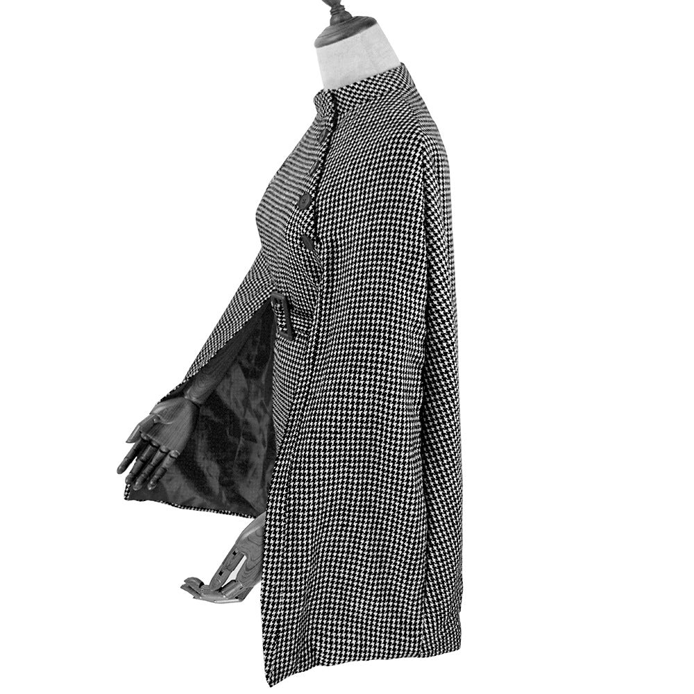 Women's Cape Coat with Houndstooth Pattern, Waist Belt and Asymmetrical Button Placket Mune Fashion