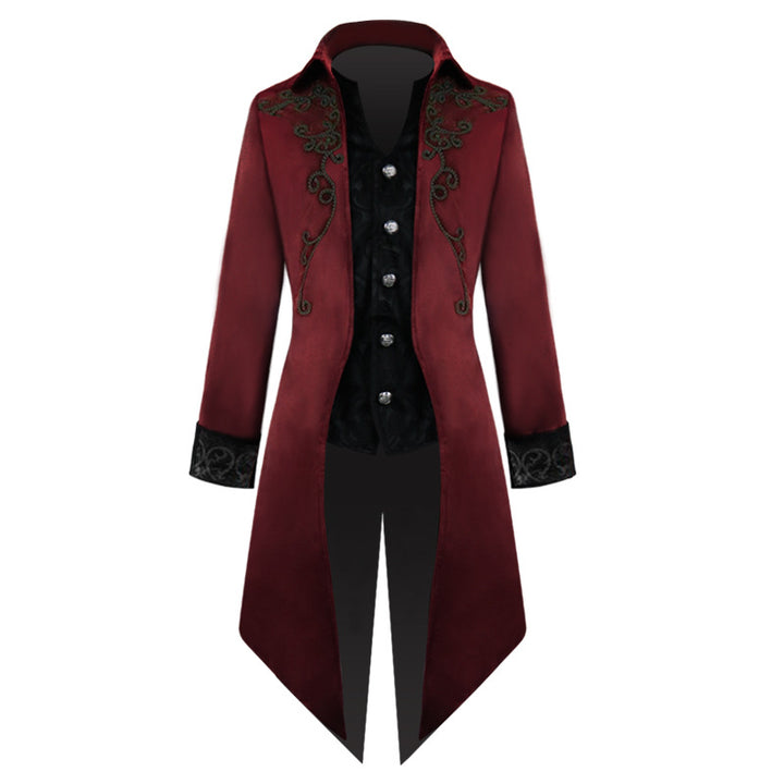 Men's fitted brocade coat in military style with stand-up collar and decorative cord.