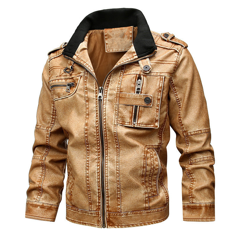 Men's vintage-inspired biker jacket in leather look with utility pockets and stand-up collar Mune Fashion