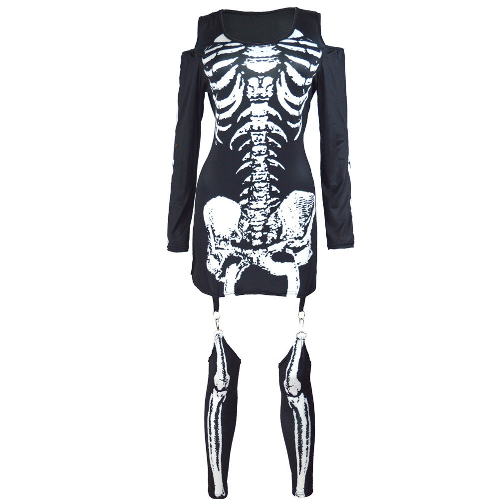 Women Skeleton Mini Dress with Off-Shoulder Cut-Out, Figure-Hugging Stretch Jersey, and Removable Garters Mune Fashion