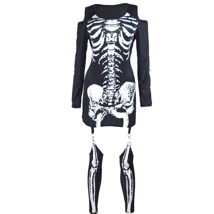 Women Skeleton Mini Dress with Off-Shoulder Cut-Out, Figure-Hugging Stretch Jersey, and Removable Garters Mune Fashion