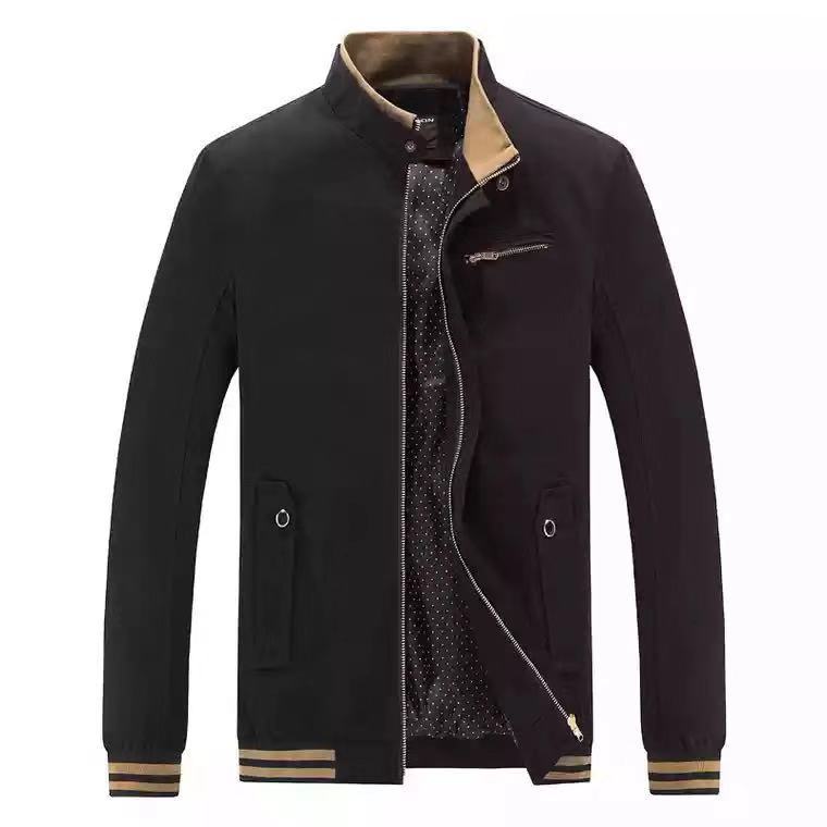 Men's modern bomber-style transitional jacket with stand-up collar, striped ribbed cuffs, and dot lining Mune Fashion
