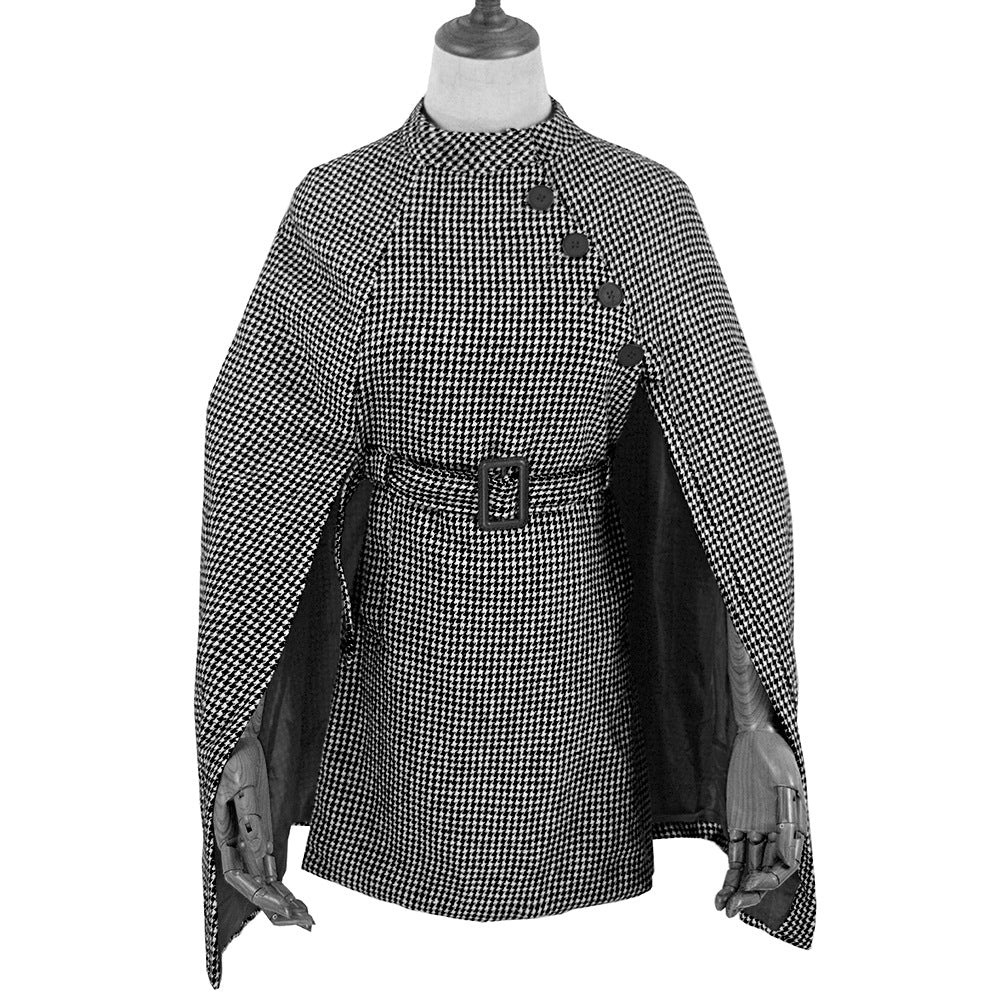 Women's Cape Coat with Houndstooth Pattern, Waist Belt and Asymmetrical Button Placket Mune Fashion