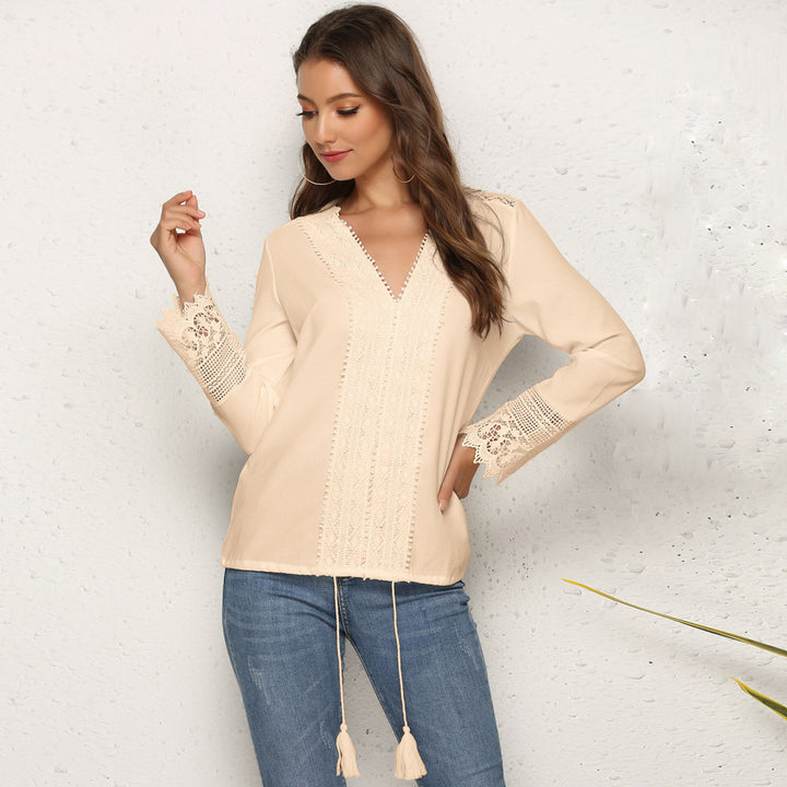 Women's Boho Lace Blouse with V-Neck, Crochet Trim & Tassel Drawstring Mune Fashion