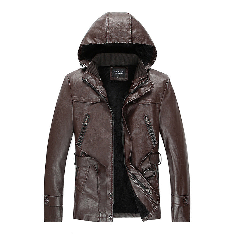 Men's leather jacket with hood and teddy lining, multifunctional utility biker jacket Mune Fashion