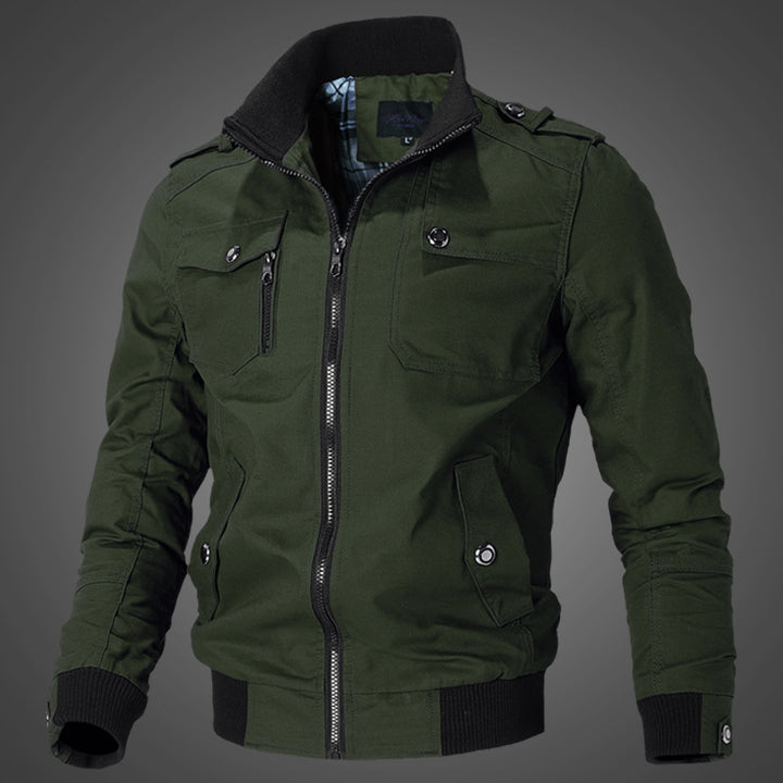 Men's rugged canvas bomber jacket with epaulettes, zip front, and ribbed hems Mune Fashion