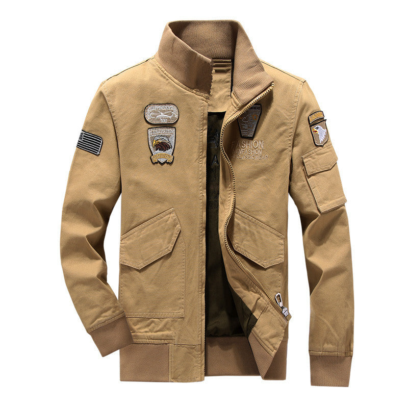 Men's Military Inspired Field Jacket with Emblem Patches and Stand-up Collar Mune Fashion