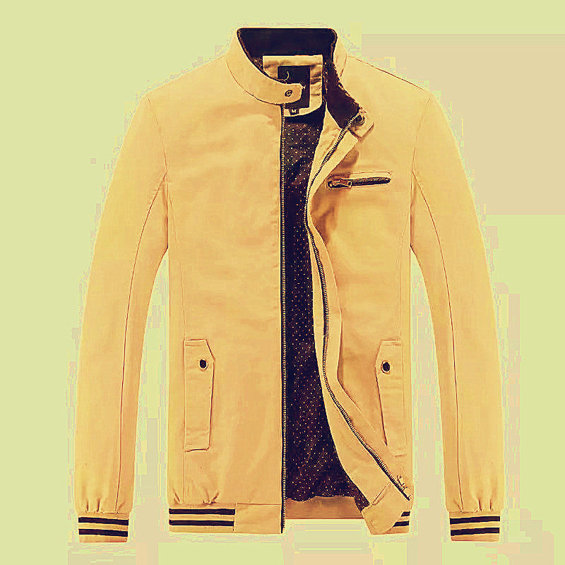 Men's modern bomber-style transitional jacket with stand-up collar, striped ribbed cuffs, and dot lining Mune Fashion
