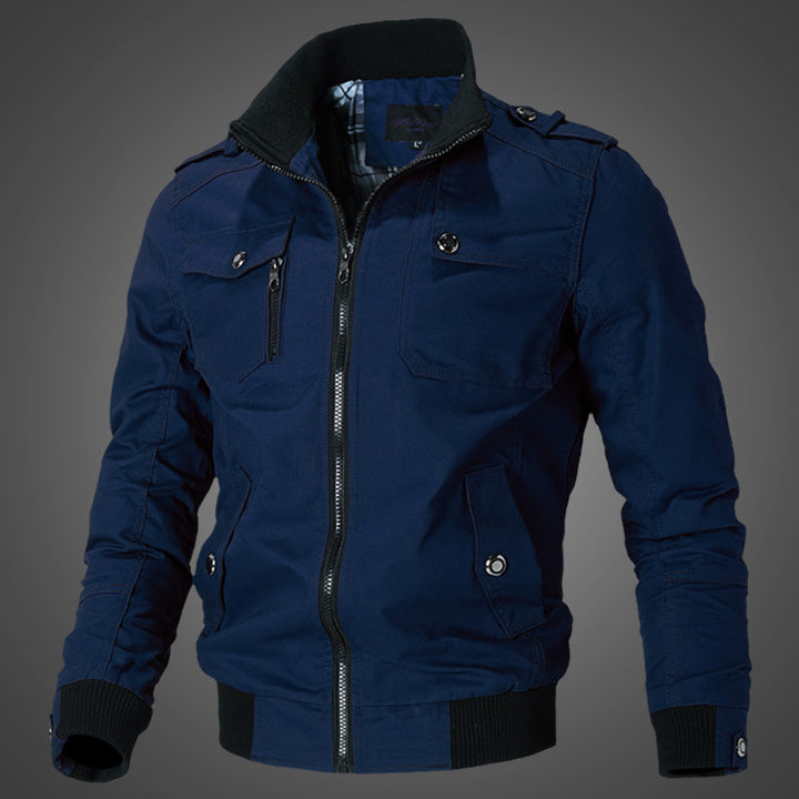 Men's rugged canvas bomber jacket with epaulettes, zip front, and ribbed hems Mune Fashion