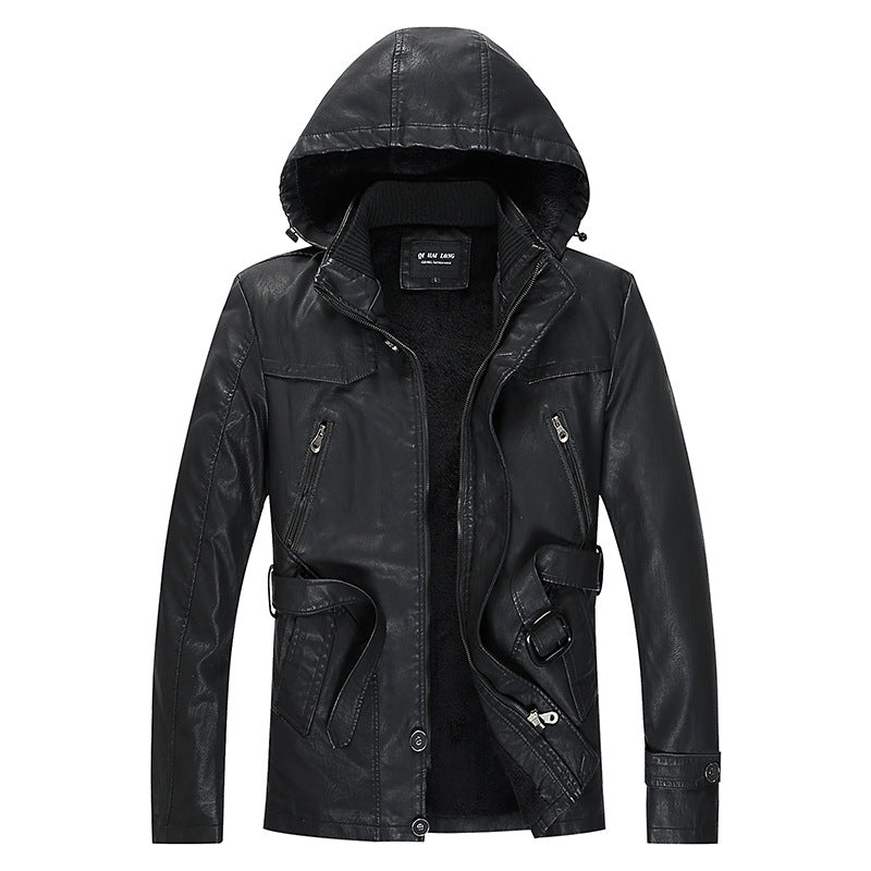 Men's leather jacket with hood and teddy lining, multifunctional utility biker jacket Mune Fashion