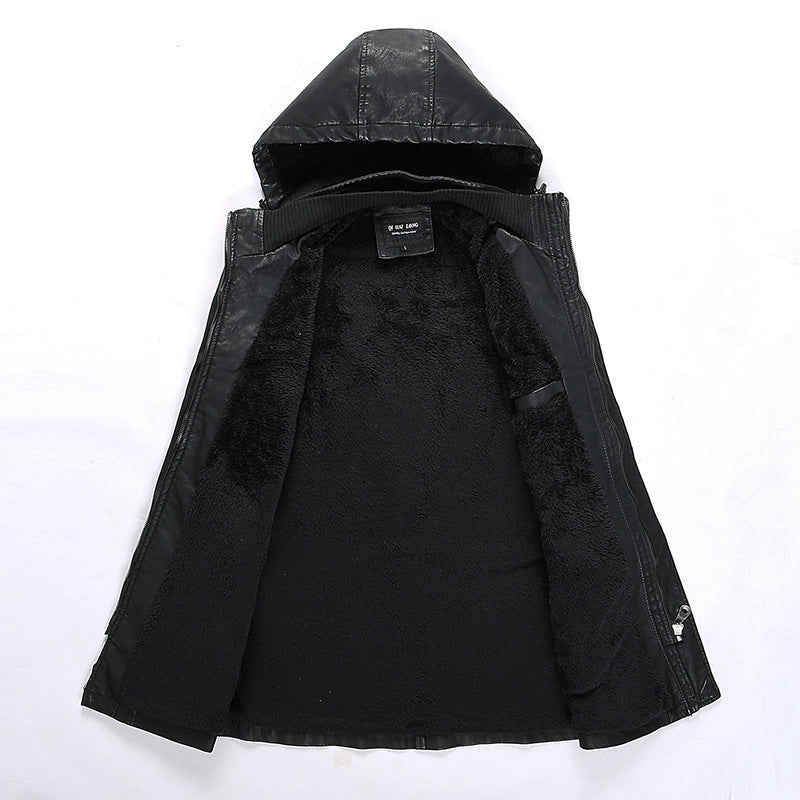 Men's leather jacket with hood and teddy lining, multifunctional utility biker jacket Mune Fashion