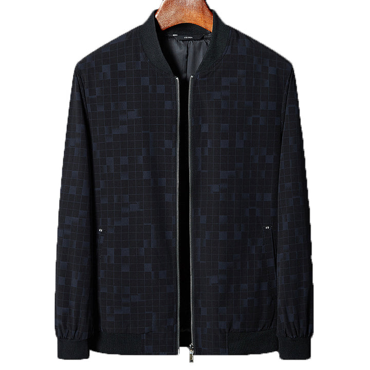 Men's Lightweight Checked Pixel Bomber Jacket with Stand Collar, Full Zip and Ribbed Cuffs Mune Fashion