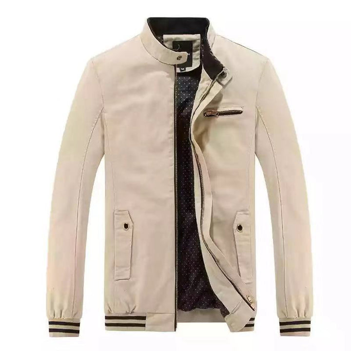 Men's modern bomber-style transitional jacket with stand-up collar, striped ribbed cuffs, and dot lining Mune Fashion